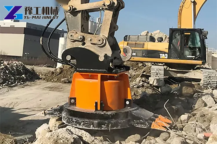 Excavator Magnet Working On Demolition Debris