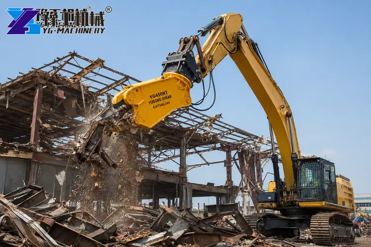 Excavator Shear Attachment Demolition Site Operation