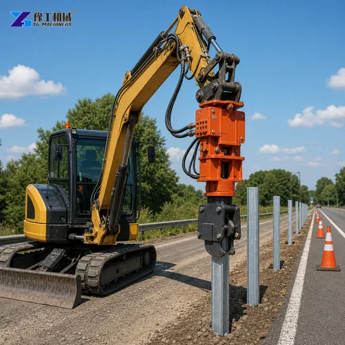 Excavator Pile Driver Road Side Post Installation