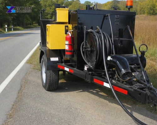 Towable asphalt crack repair machine positioned beside roadway