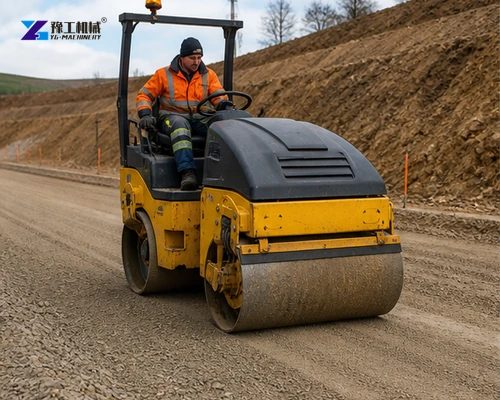 Small vibratory road roller compacting granular base layer