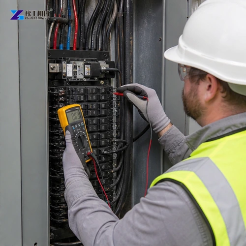 Electrician measuring construction generator distribution panel