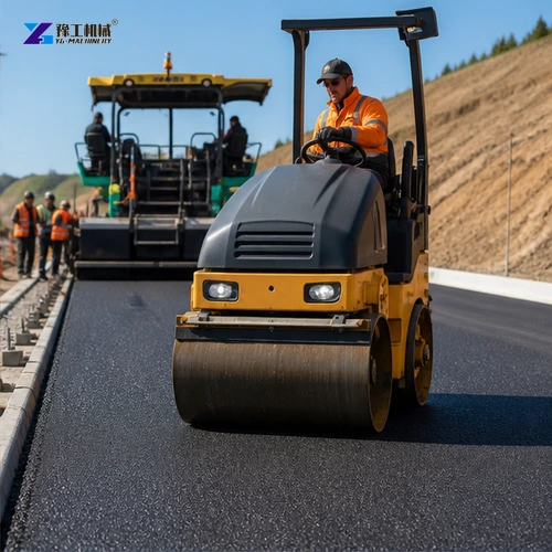 Double drum roller compacting fresh asphalt behind paver