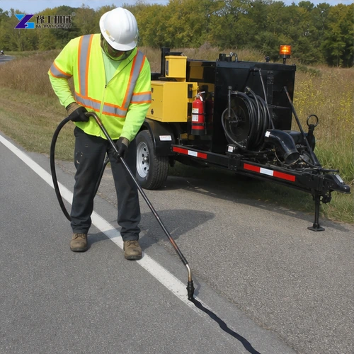 Worker applying hot sealant with protected applicator wand