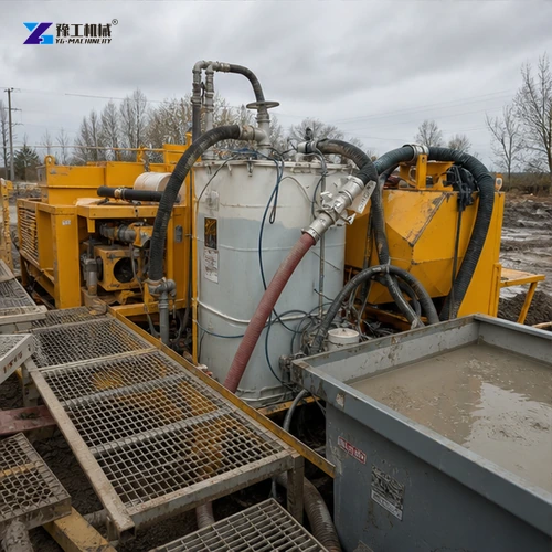 Drilling fluid mixing and recycling system beside HDD rig