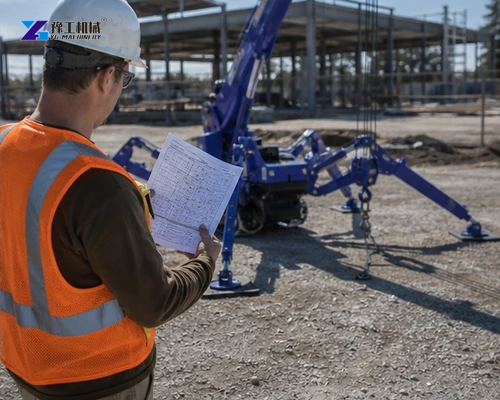 Lift planner reviewing spider crane load chart onsite