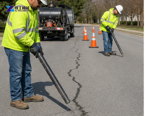 Road crew cleaning mapped asphalt cracks with compressed air