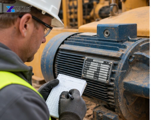 Electrician recording construction motor nameplate data for load calculation