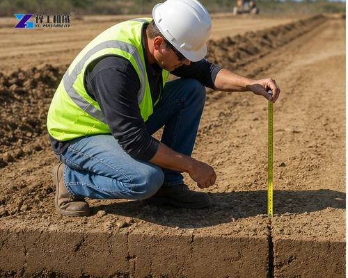 Technician measuring loose soil lift thickness before compaction