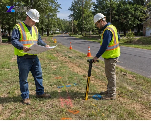 Survey crew locating utilities along planned directional drilling crossing