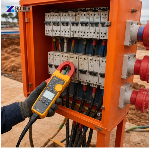 Clamp meter measuring construction equipment startup current