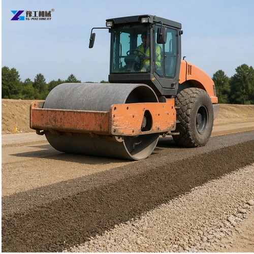 Vibratory roller making controlled pass on granular test strip