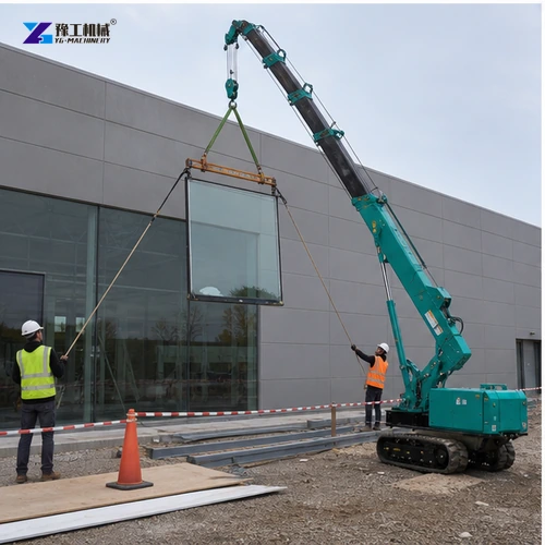 Tracked spider crane lifting glass panel with controlled tag lines