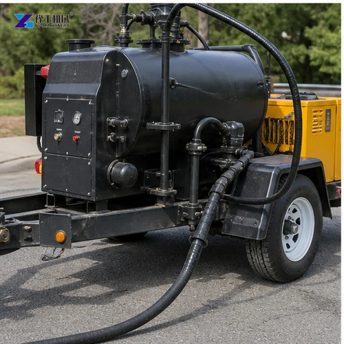 Heated crack sealant melter and hose prepared beside roadway