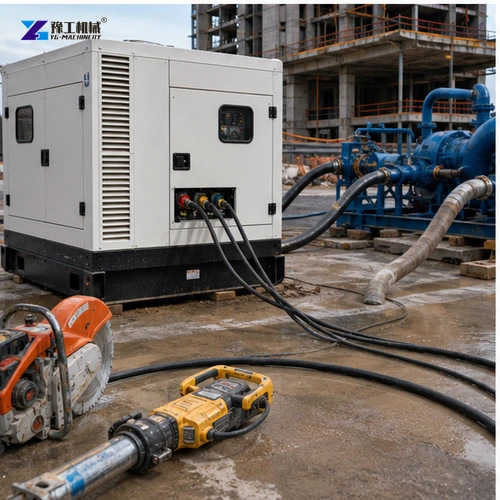 Diesel generator supplying pumps and tools through distribution cables