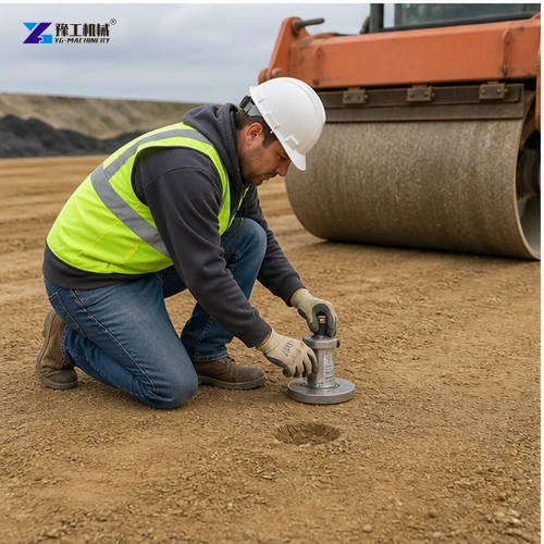 Density technician testing compacted soil beside road roller