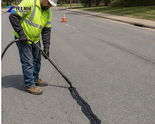 Technician applying hot sealant in a controlled asphalt band