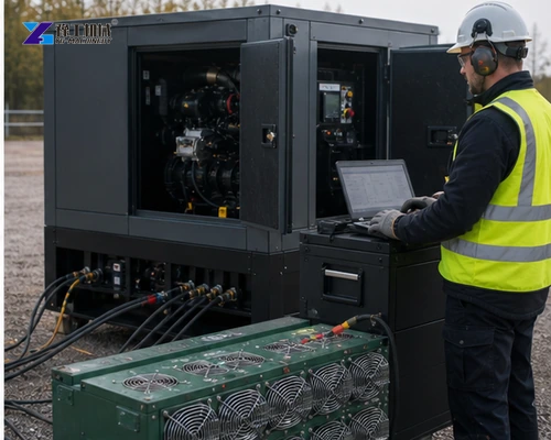 Technician performing controlled generator load bank test onsite