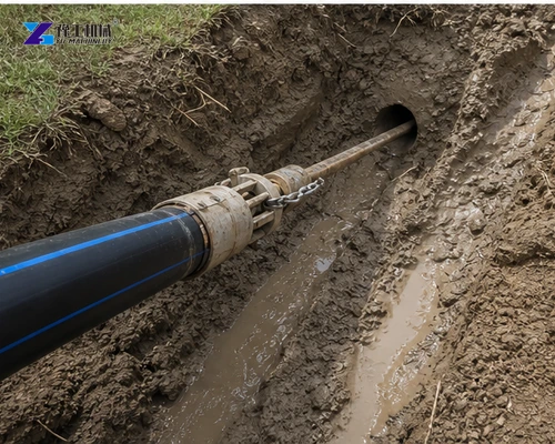 Polyethylene product pipe entering bore during controlled pullback