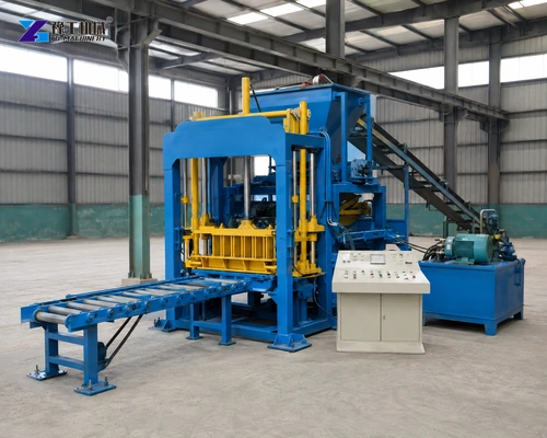Blue And Yellow Block Forming Machine With An Empty Roller Conveyor