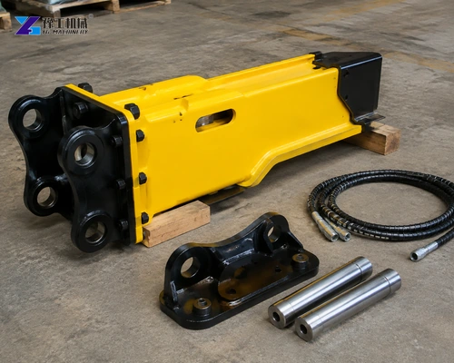 Supported Breaker Beside A Separate Bracket Mounting Pins And Hydraulic Hoses