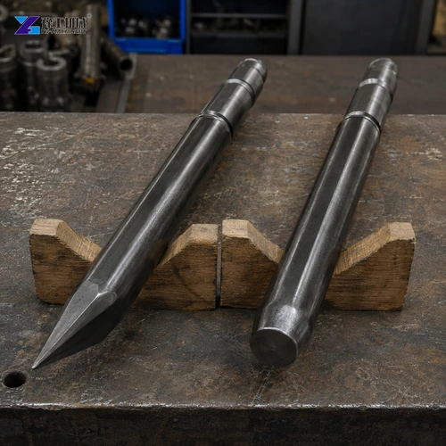 Pointed And Blunt Steel Breaker Tools Supported On Wooden Blocks