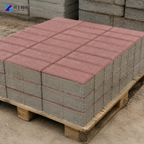 Rectangular Concrete Pavers With Red Faces And Gray Bodies On A Pallet