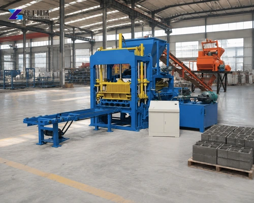 Blue And Yellow Block Forming Machine With Empty Output Conveyor In A Factory