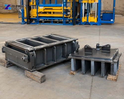 Heavy Steel Concrete Block Mold And Tamper Components Resting On Wooden Supports