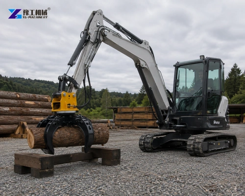 Tracked Excavator Holding A Log Above Low Timber Supports