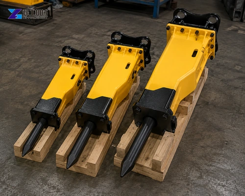 Three Yellow Enclosed Breakers Of Different Sizes Resting On Timber Supports