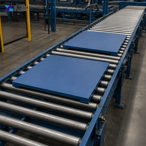 Two Empty Flat Blue Production Boards Resting On A Roller Conveyor