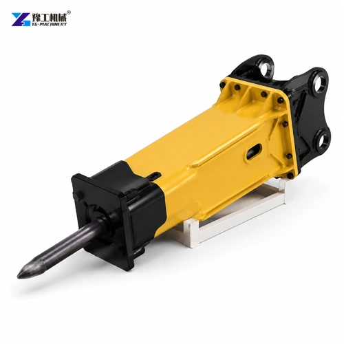 Yellow Enclosed Hydraulic Breaker With Chisel Resting On A Support Cradle