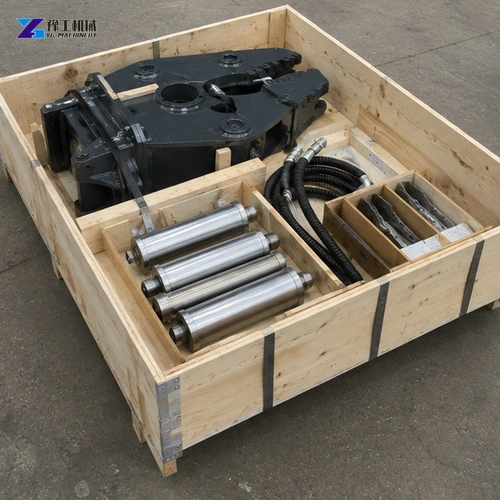 Technician inspecting hydraulic shear prepared for shipment