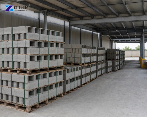 Banded Stacks Of Finished Concrete Blocks Stored Under A Factory Roof