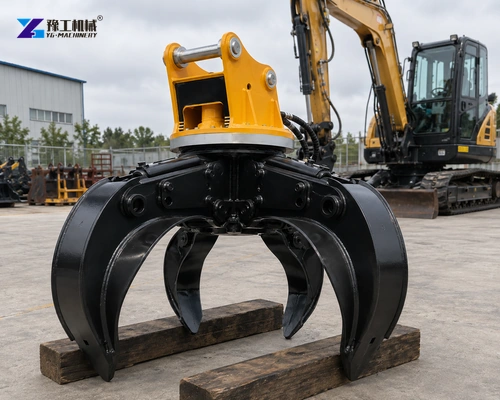 Black Timber Grapple Resting On Sleepers Beside A Parked Excavator