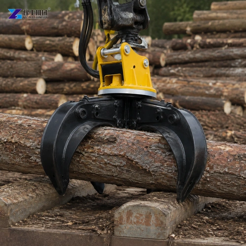 Curved Grapple Jaws Surrounding A Timber Log On Wooden Supports