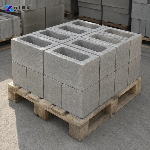 Gray Hollow Concrete Blocks Stacked On A Wooden Pallet