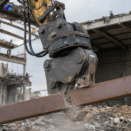 Demolition crew measuring steel beams before shear selection