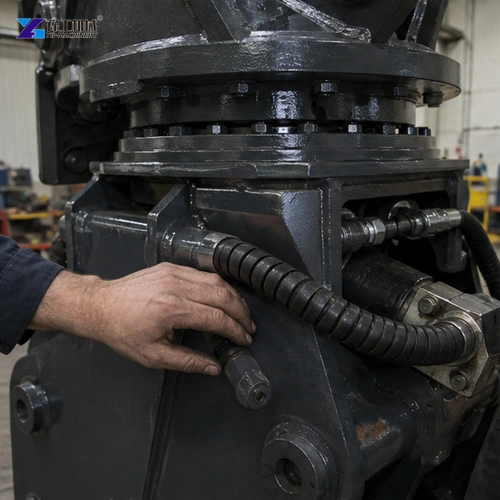 Excavator shear cutting supported steel during workshop test