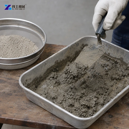 Gloved Hand Holding Mortar On A Trowel Beside Sieved Aggregate