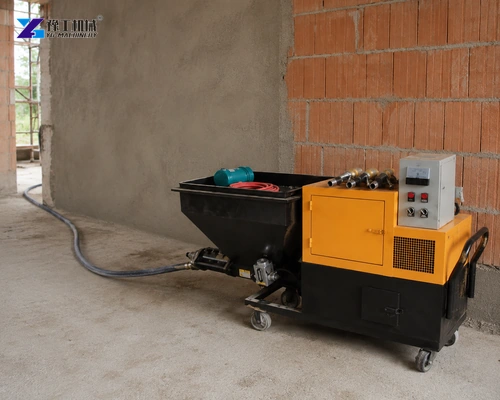 Wheeled Mortar Sprayer With Connected Hose Beside A Partly Rendered Wall