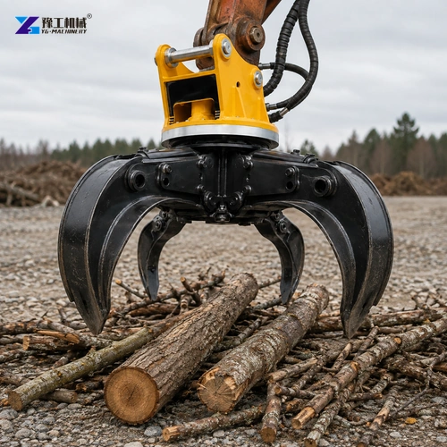 Open Black Grapple Above Logs And Loose Branches On Gravel