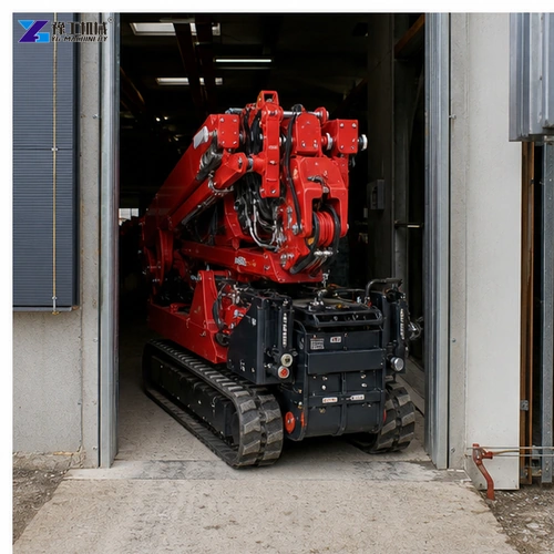 Compact crane approaching measured industrial doorway