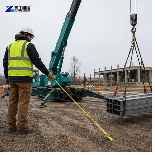 Technician inspecting teal compact crane in workshop
