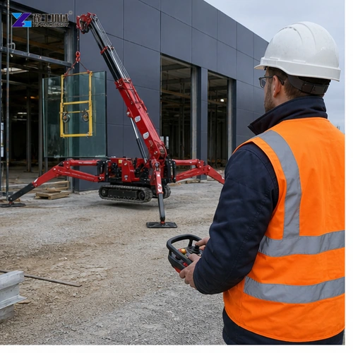 Operator controlling compact crane from clear viewing position