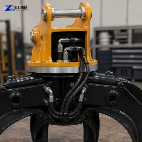 Hydraulic Hoses And Steel Fittings Beside A Timber Grapple Rotator