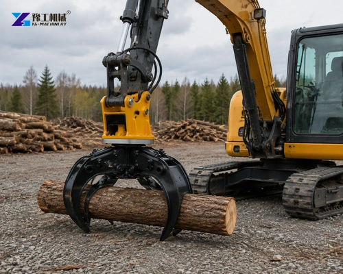 Excavator Log Grapple Holding A Short Timber Log Above Gravel