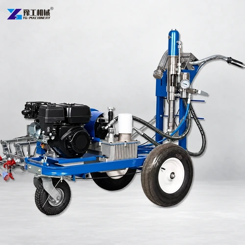 Blue airless road marking machine side view with hydraulic pump