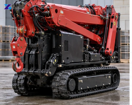Red tracked spider crane folded for transport on a paved surface